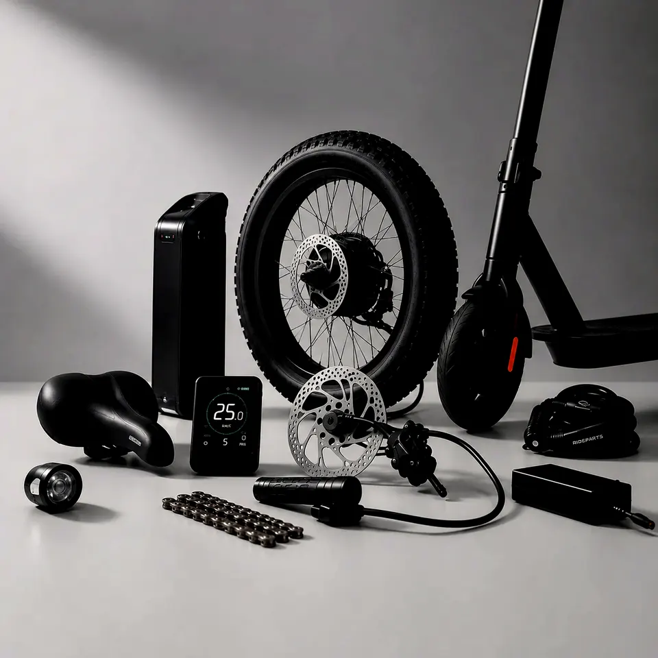 Photo studio claire avec une roue de fatbike, une batterie, un écran et une trottinette électrique